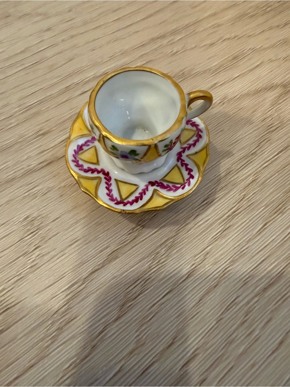 Limoges Yellow and Pink Gilded Mini Porcelain Teacup & Saucer